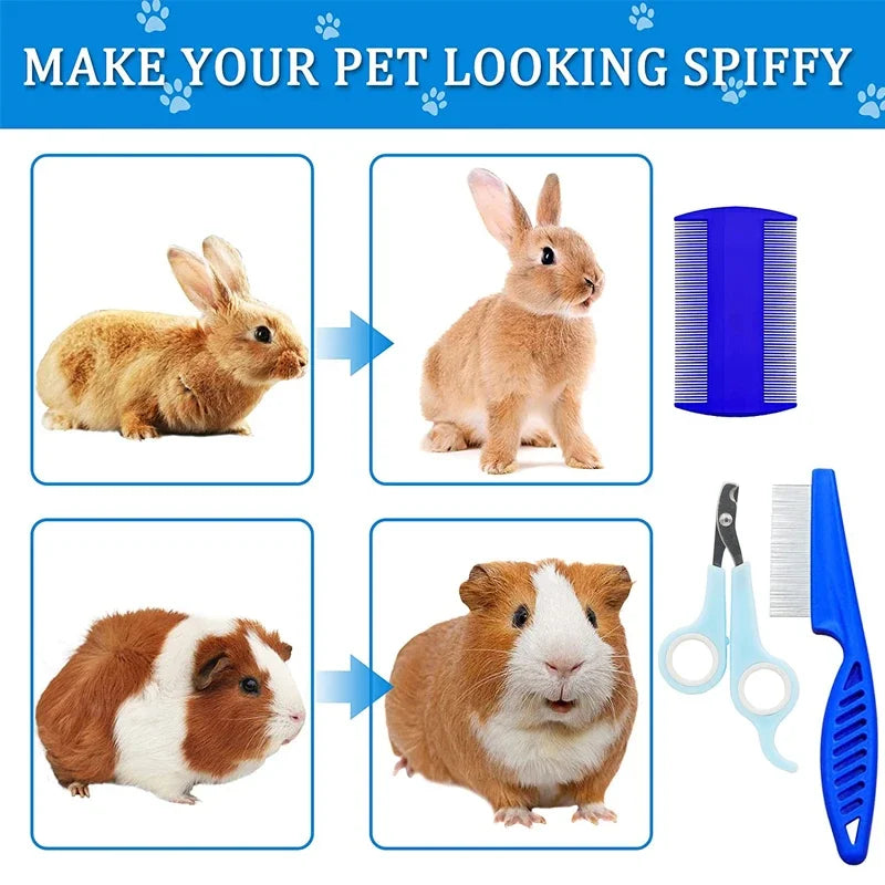 4-Piece Rabbit Grooming Kit (Travel set) – Nail Clippers, Tear Stain Comb, Silicone Bath Brush & Fur Roller for Small Pets