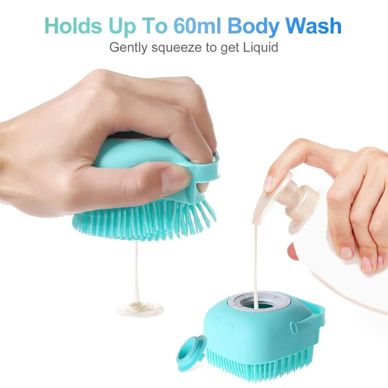 Silicone Pet Bath & Massage Brush – 2-in-1 Shampoo Dispenser & Grooming Scrubber (80ml)