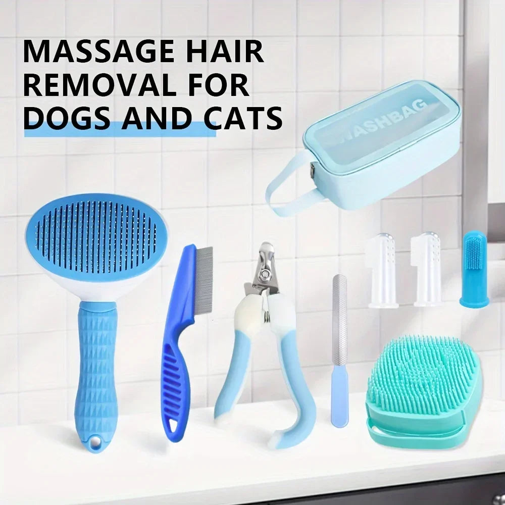 9 Pieces/pet Travel Grooming Kit Includes Hair Removal Brush, Flea Brush, Bath Brush, Nail Clipper and Toothbrush, Storage Bag