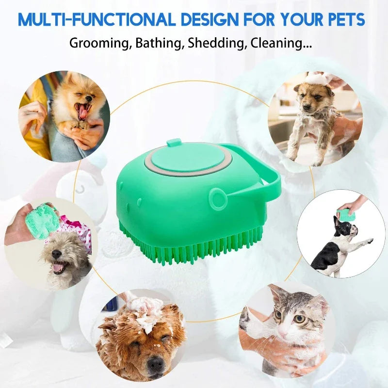 Silicone Pet Bath & Massage Brush – 2-in-1 Shampoo Dispenser & Grooming Scrubber (80ml)