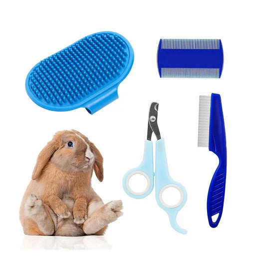 4-Piece Rabbit Grooming Kit (Travel set) – Nail Clippers, Tear Stain Comb, Silicone Bath Brush & Fur Roller for Small Pets