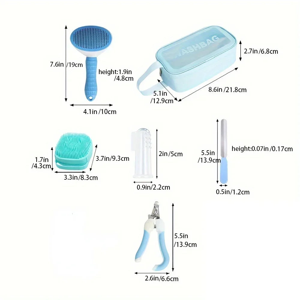 9 Pieces/pet Travel Grooming Kit Includes Hair Removal Brush, Flea Brush, Bath Brush, Nail Clipper and Toothbrush, Storage Bag