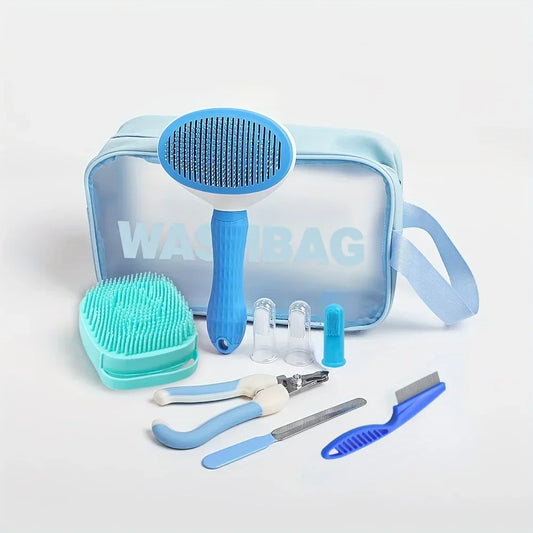 9 Pieces/pet Travel Grooming Kit Includes Hair Removal Brush, Flea Brush, Bath Brush, Nail Clipper and Toothbrush, Storage Bag