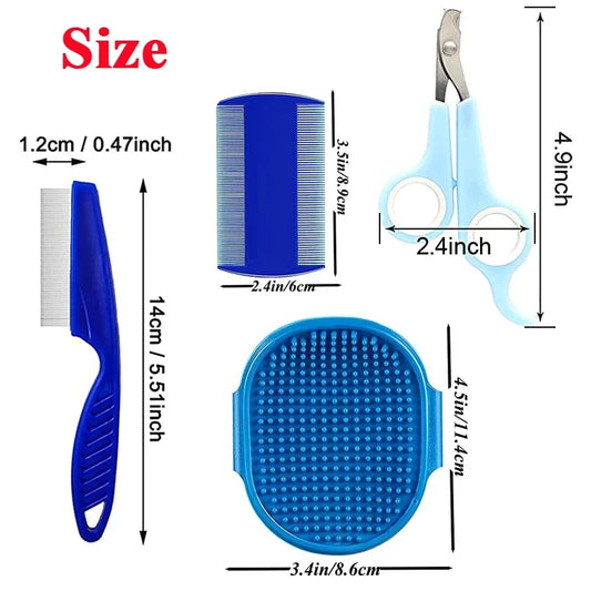 4-Piece Rabbit Grooming Kit (Travel set) – Nail Clippers, Tear Stain Comb, Silicone Bath Brush & Fur Roller for Small Pets